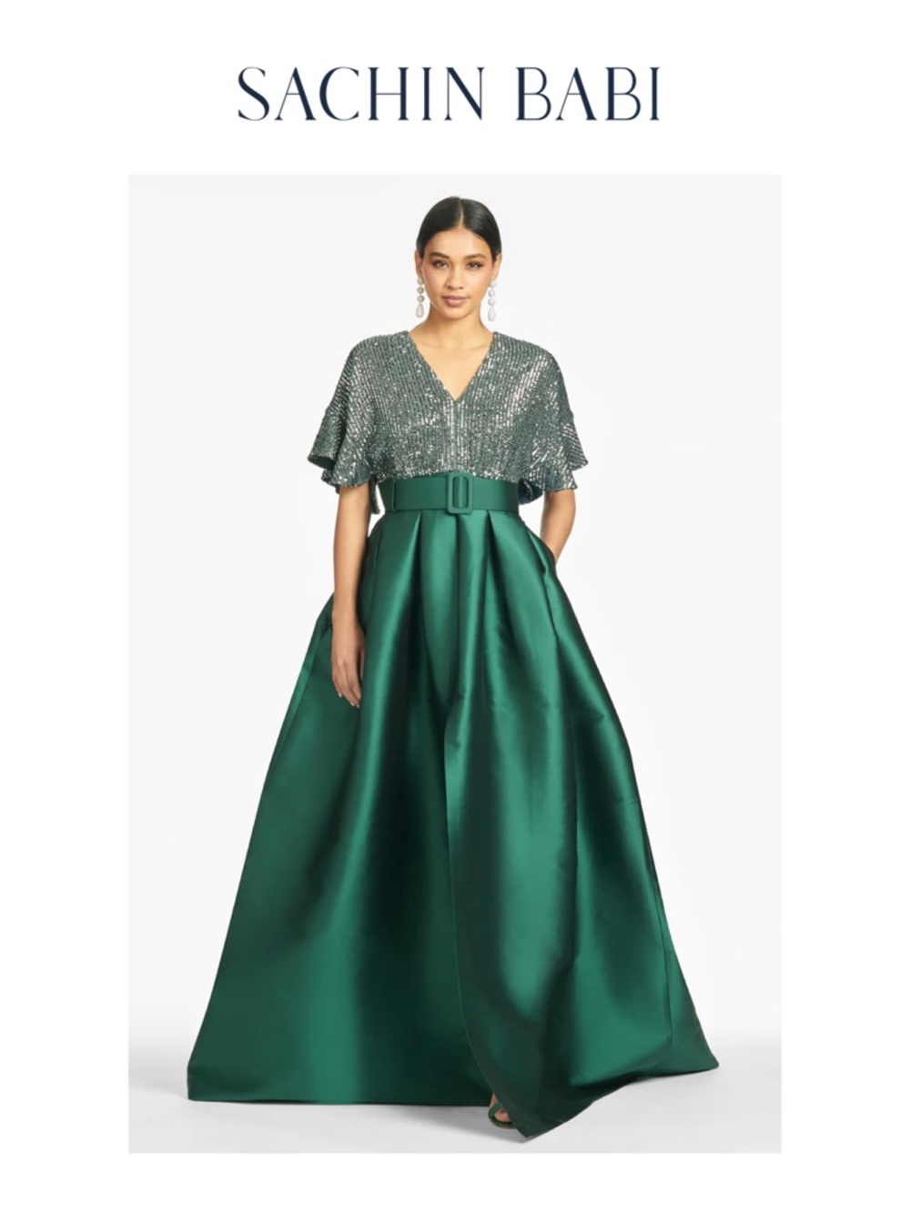 SACHIN & BABI Simone Sequin and Mikado Gown in Hunter Green